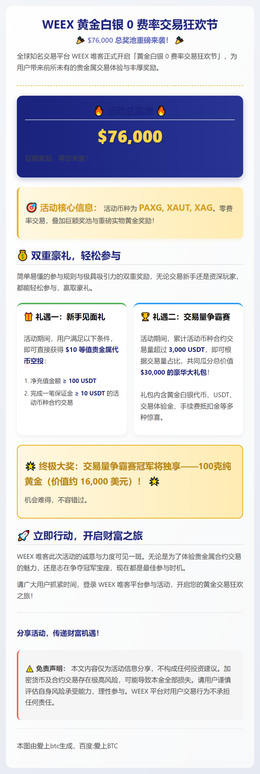 WEEX黄金白银0费率，奖池7.6万美元
