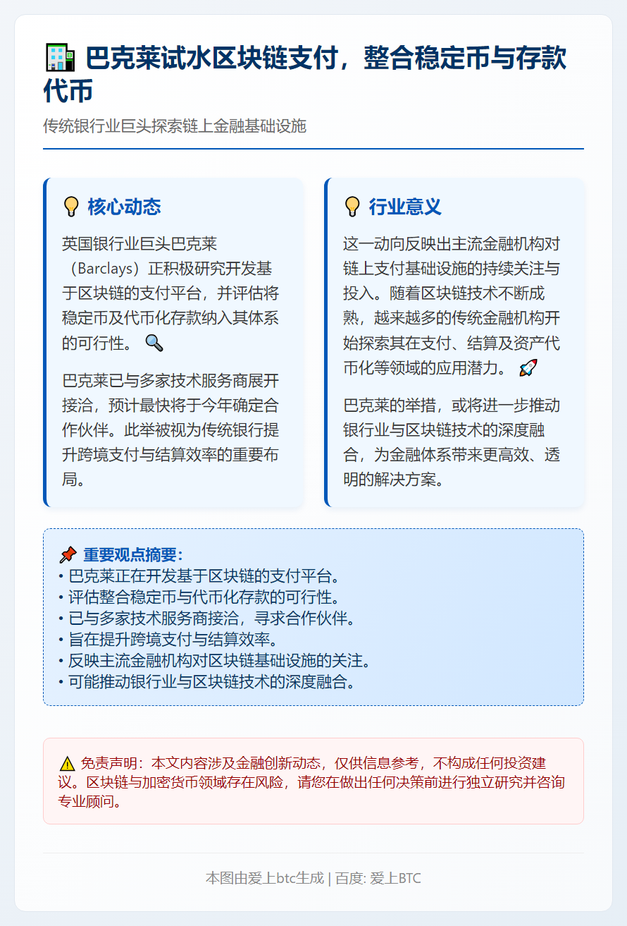 巴克莱试水区块链支付，整合稳定币与存款代币