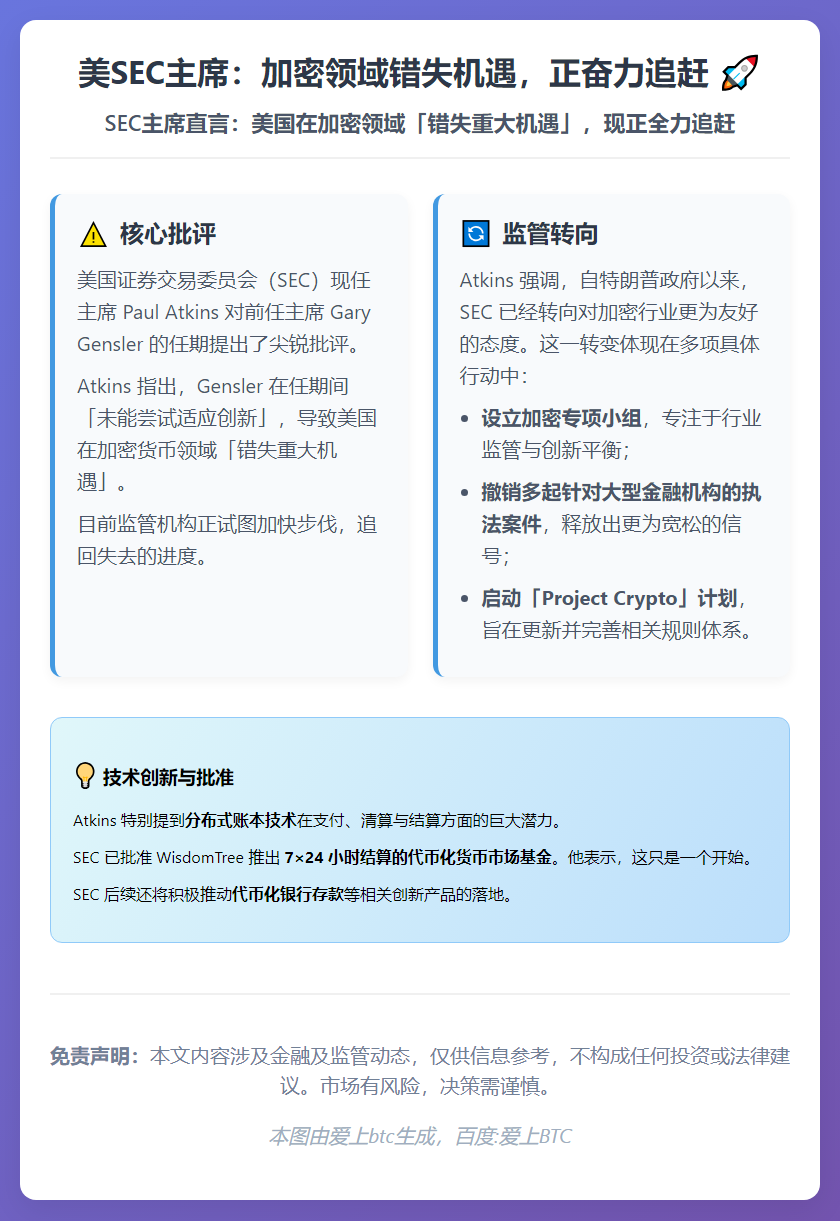 美SEC主席：加密领域错失机遇，正奋力追赶