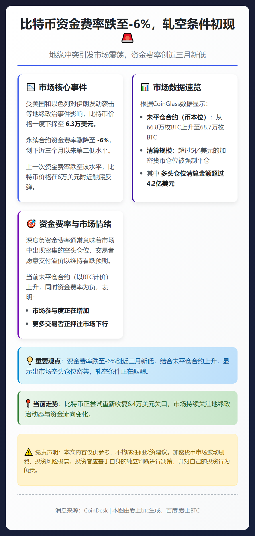 比特币资金费率跌至-6%，轧空条件初现