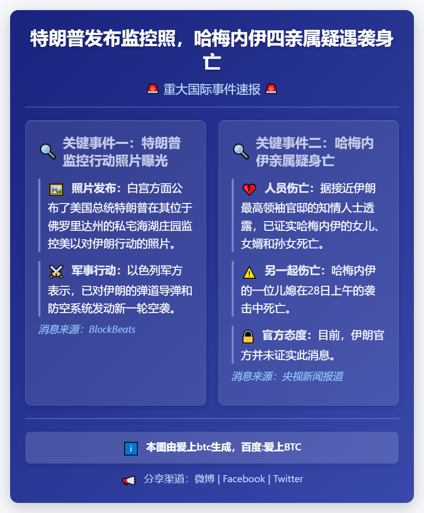 特朗普发布监控照，哈梅内伊四亲属疑遇袭身亡