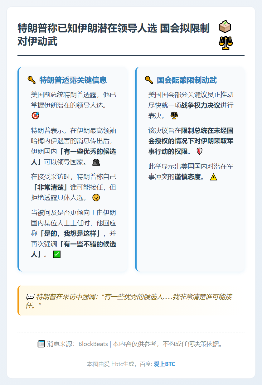 特朗普称已知伊朗潜在领导人选 国会拟限制对伊动武
