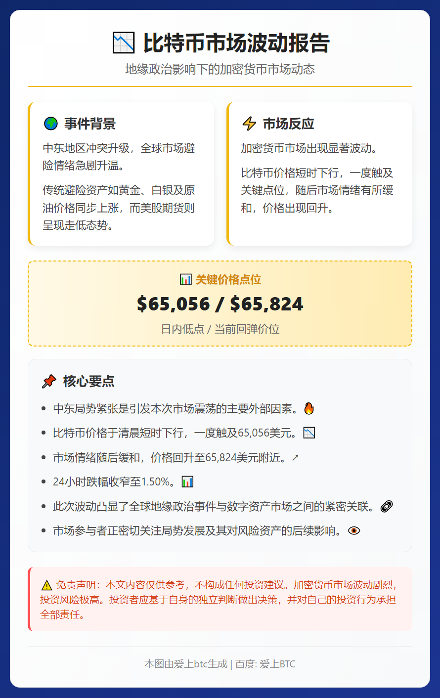 比特币今晨跌破6.5万美元
