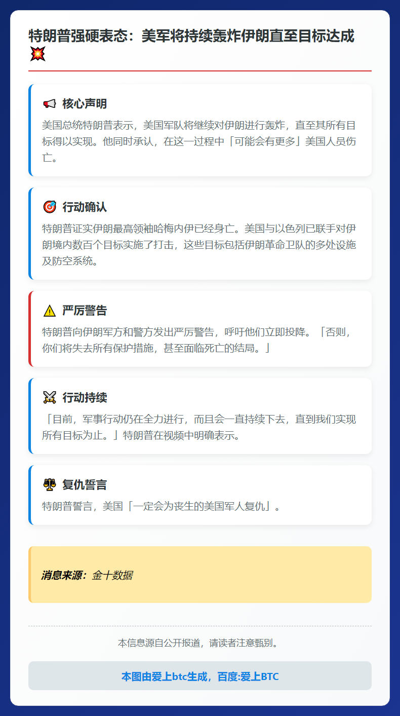 特朗普：对伊朗行动将持续至目标实现