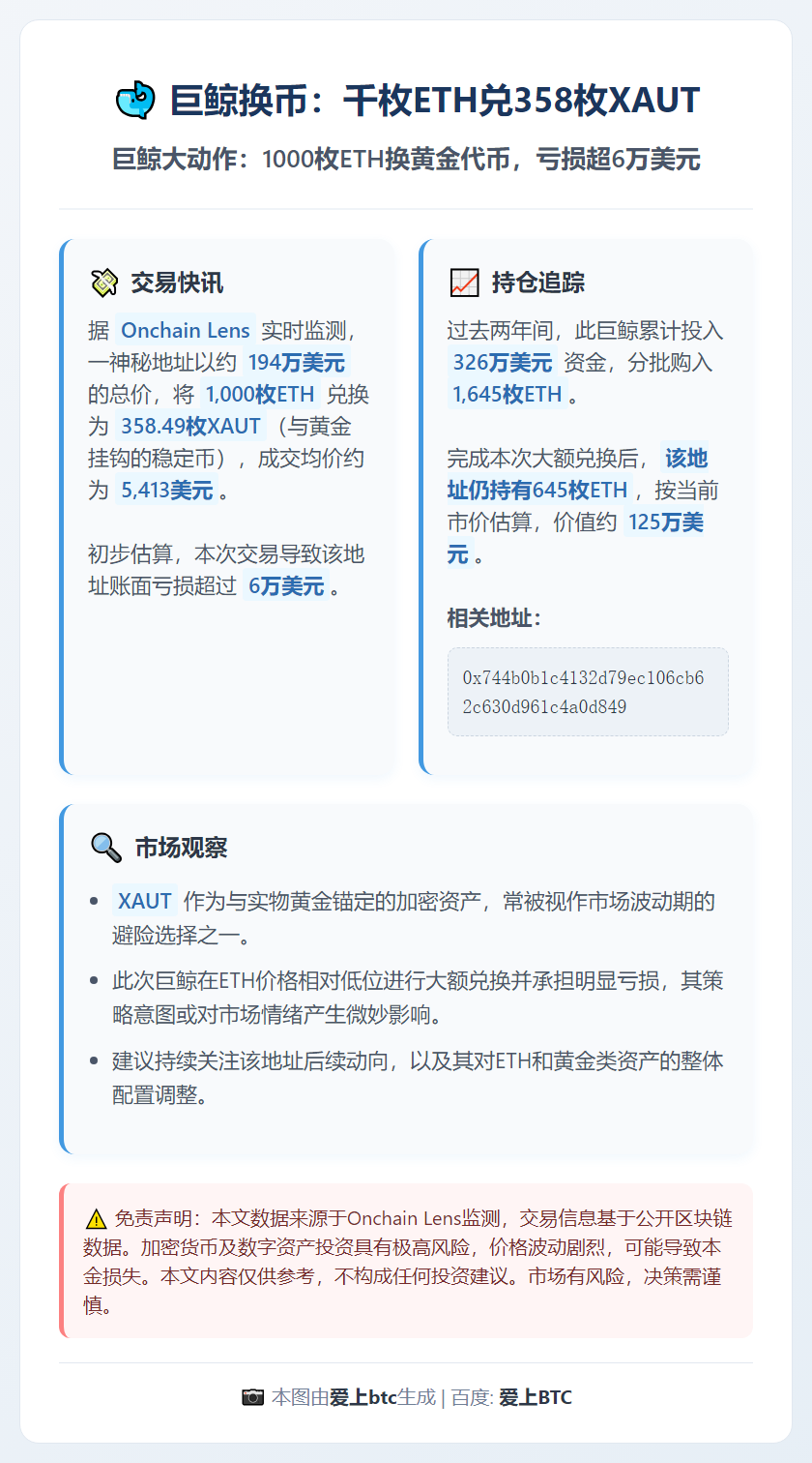 巨鲸换币：千枚ETH兑358枚XAUT