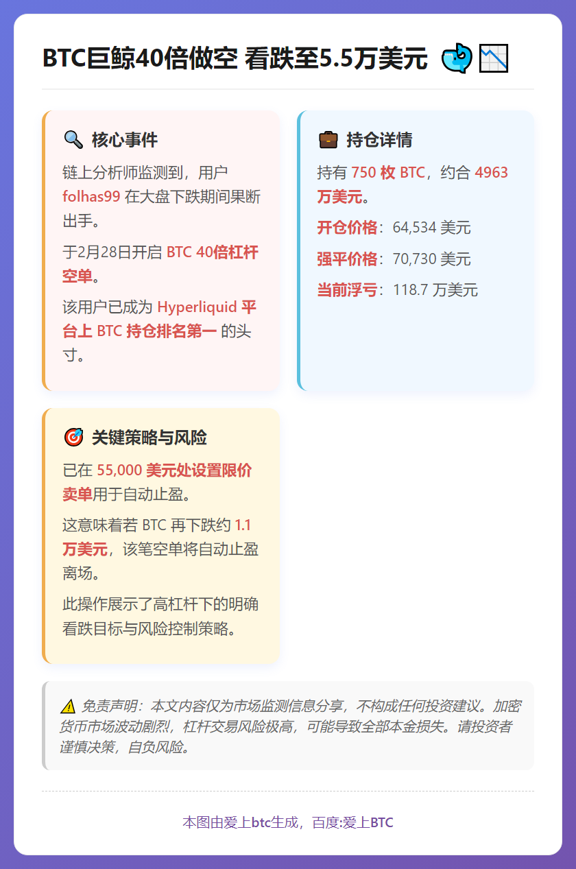 BTC巨鲸40倍做空 看跌至5.5万美元