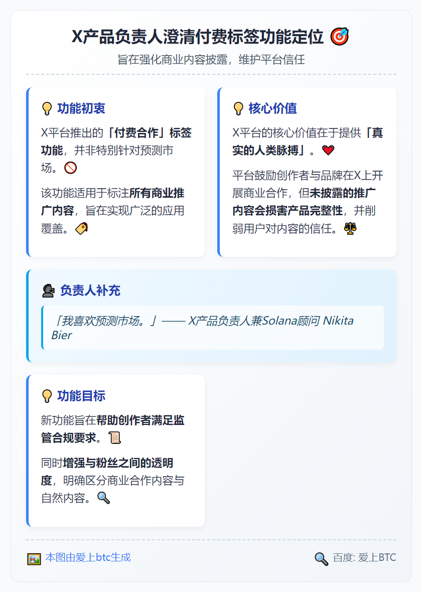 X产品负责人澄清付费标签非针对预测市场，旨在强化商业内容披露