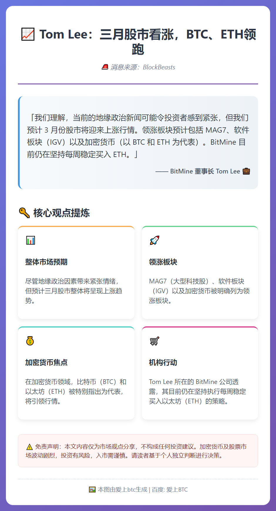 Tom Lee：三月股市看涨，BTC、ETH领跑