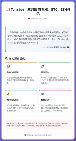 Tom Lee：三月股市看涨，BTC、ETH领跑