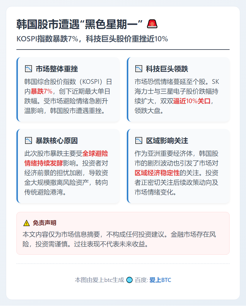 韩股暴跌7% 三星海力士跌近10%
