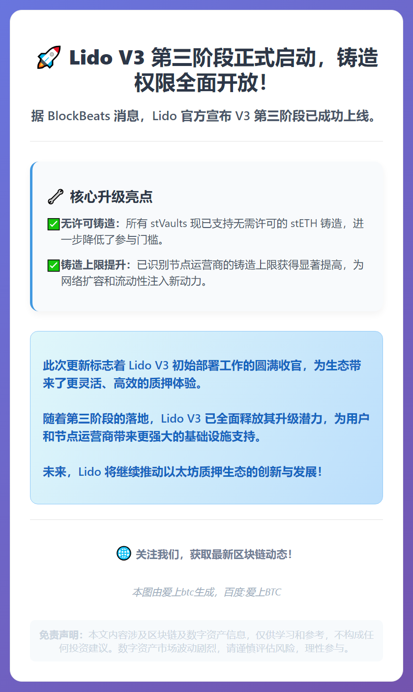 Lido V3第三阶段上线，stVaults无许可铸造stE