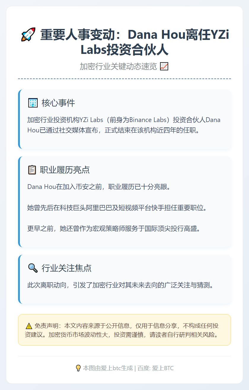 Dana Hou离任YZi Labs投资合伙人