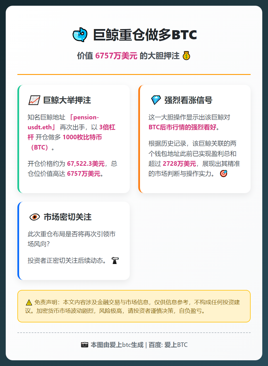 巨鲸重仓做多BTC，价值6757万美元