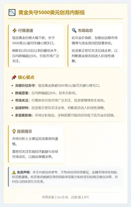 黄金失守5000美元创月内新低