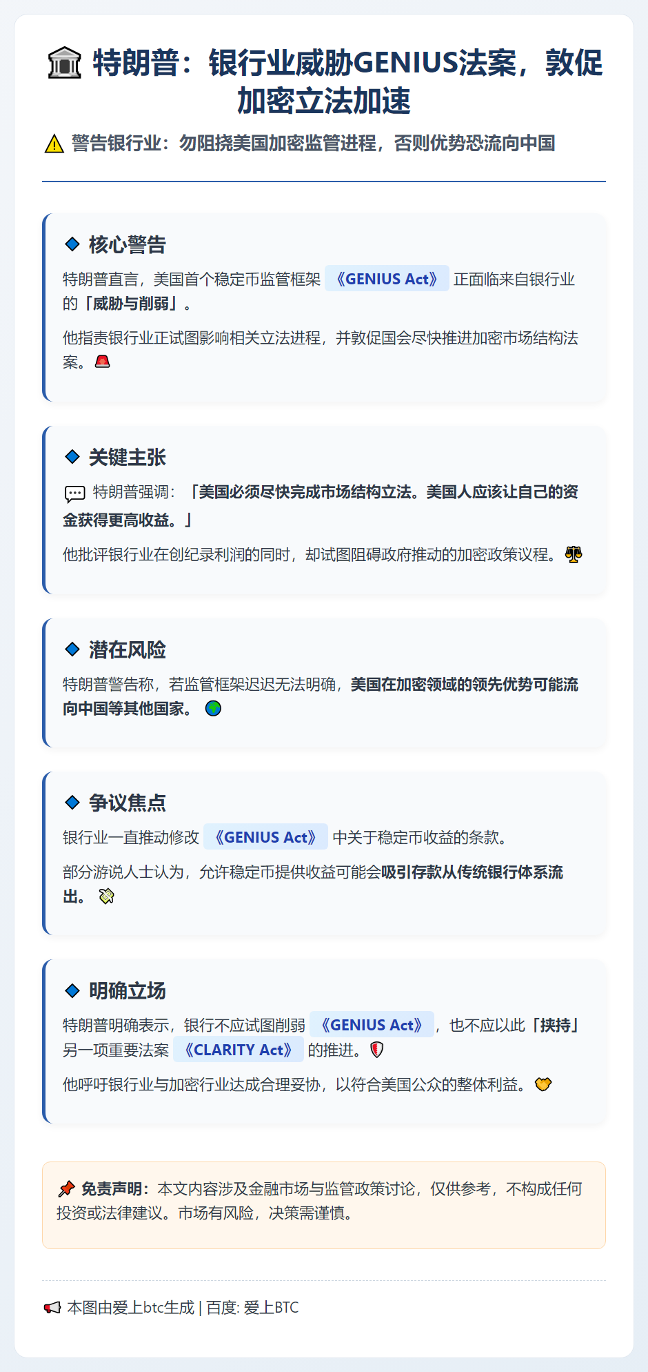 特朗普：银行业威胁GENIUS法案，敦促加密立法加速