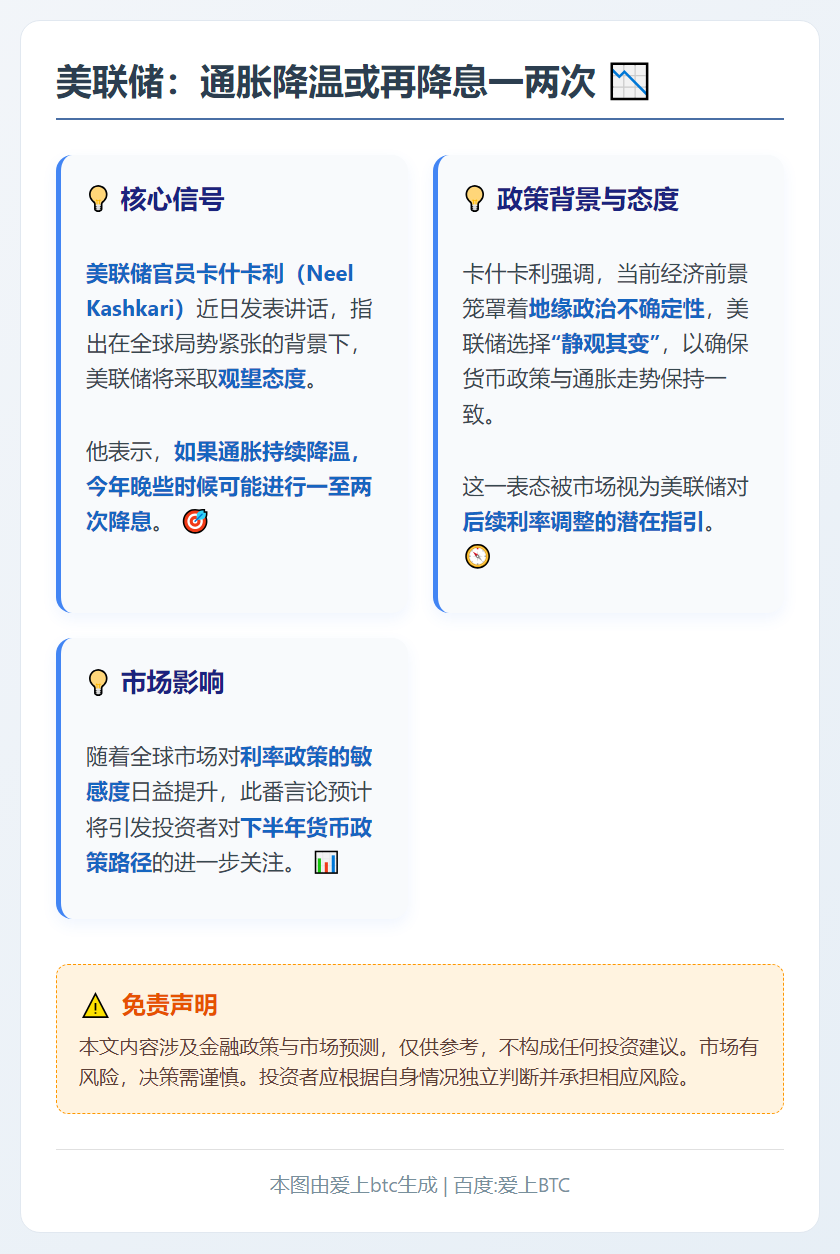 美联储：通胀降温或再降息一两次