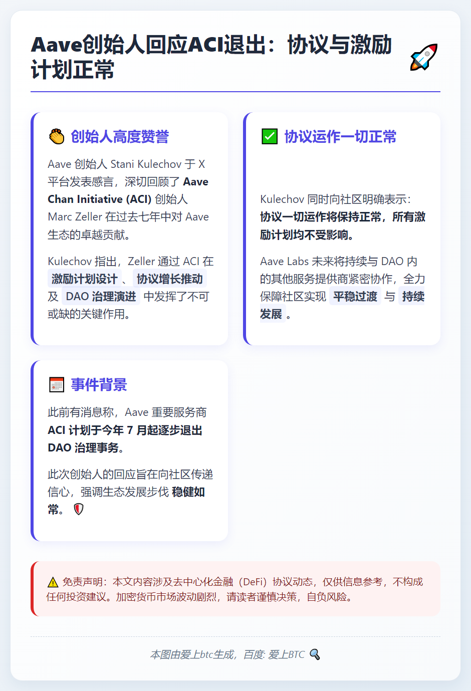 Aave创始人回应ACI退出：协议与激励计划正常