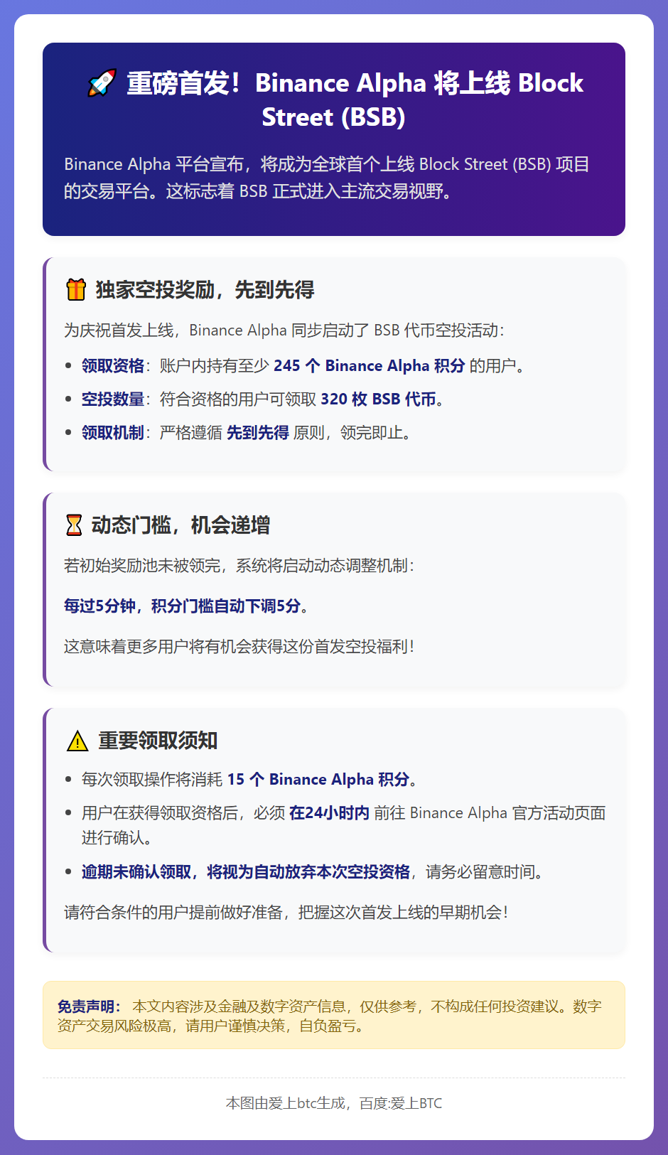 BSB空投启动，门槛245分