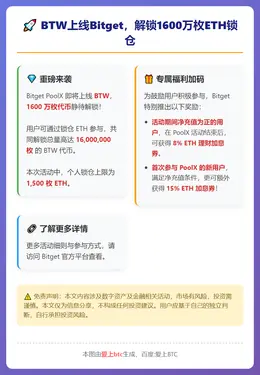 BTW上线Bitget，解锁1600万枚ETH锁仓