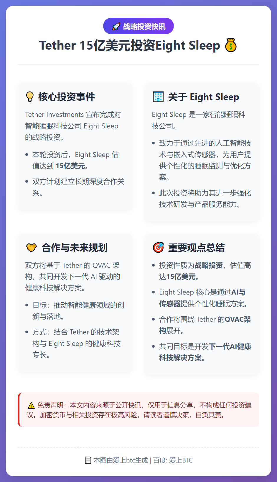 Tether 15亿美元投资Eight Sleep