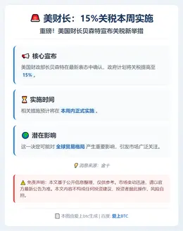 美财长：15%关税本周实施