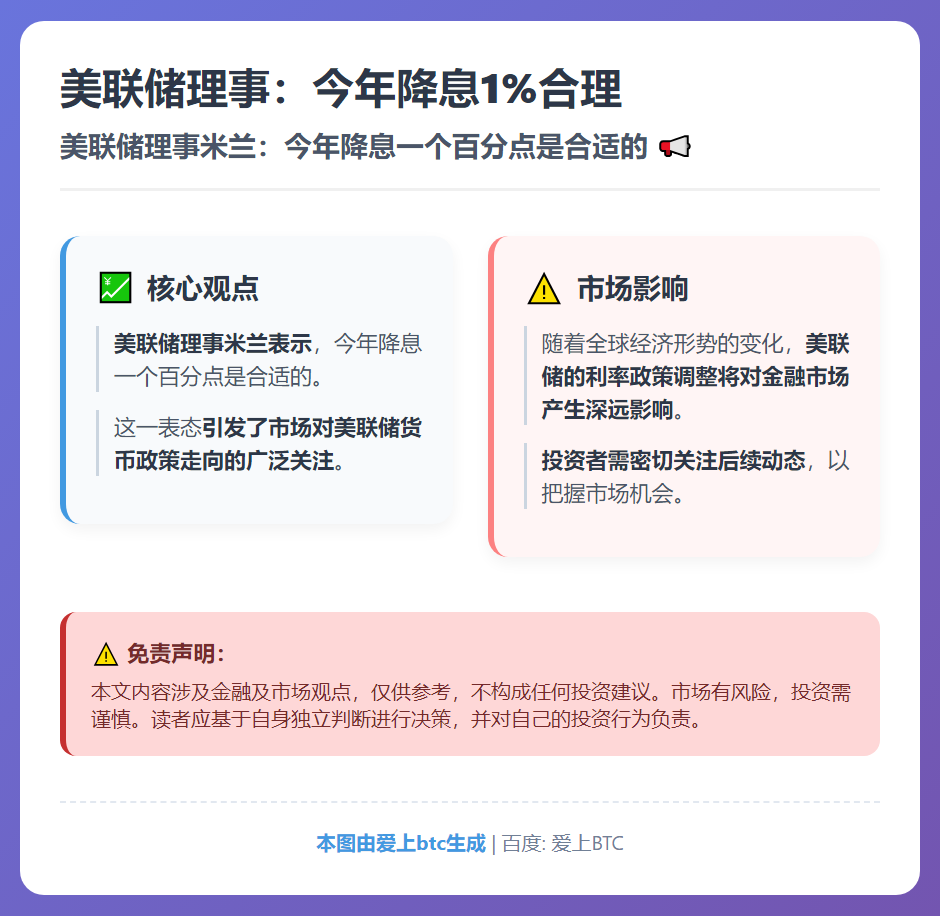 美联储理事：今年降息1%合理