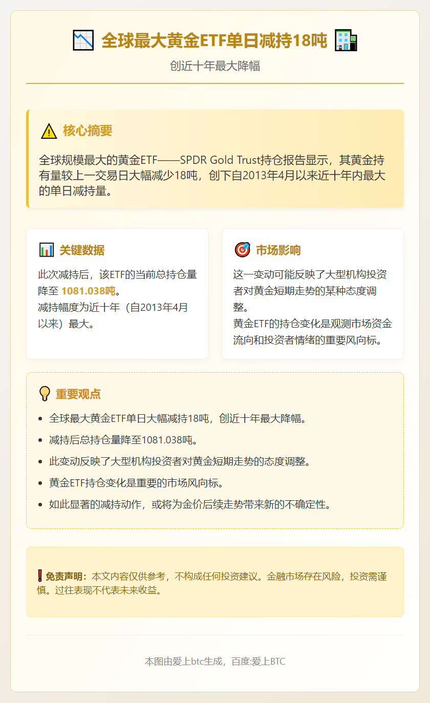 全球最大黄金ETF单日减持18吨