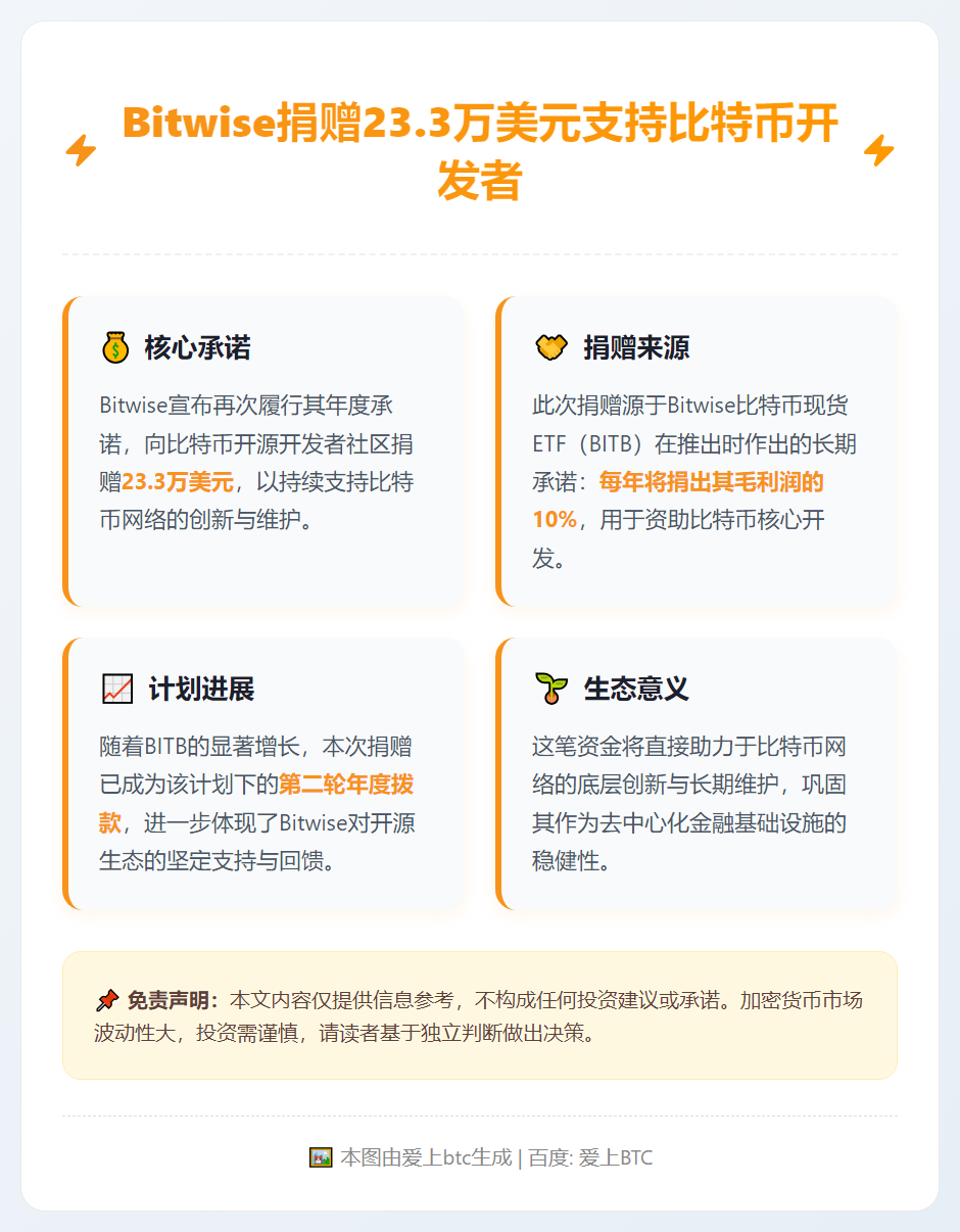 Bitwise捐赠23.3万美元支持比特币开发者