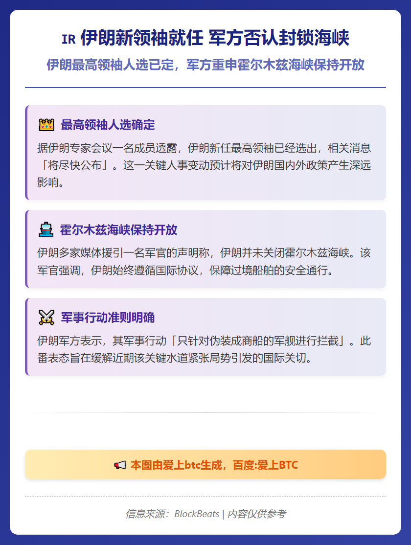 伊朗新领袖就任 军方否认封锁海峡