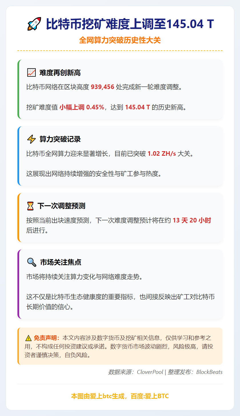 比特币挖矿难度上调至145.04 T