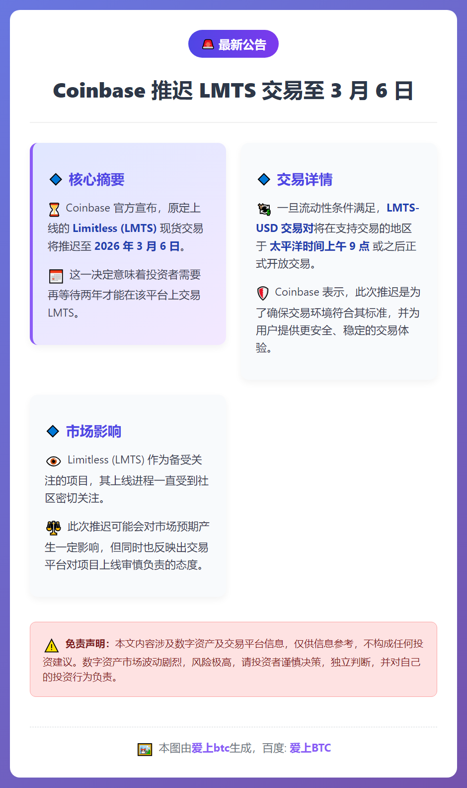 Coinbase推迟LMTS交易至3月6日