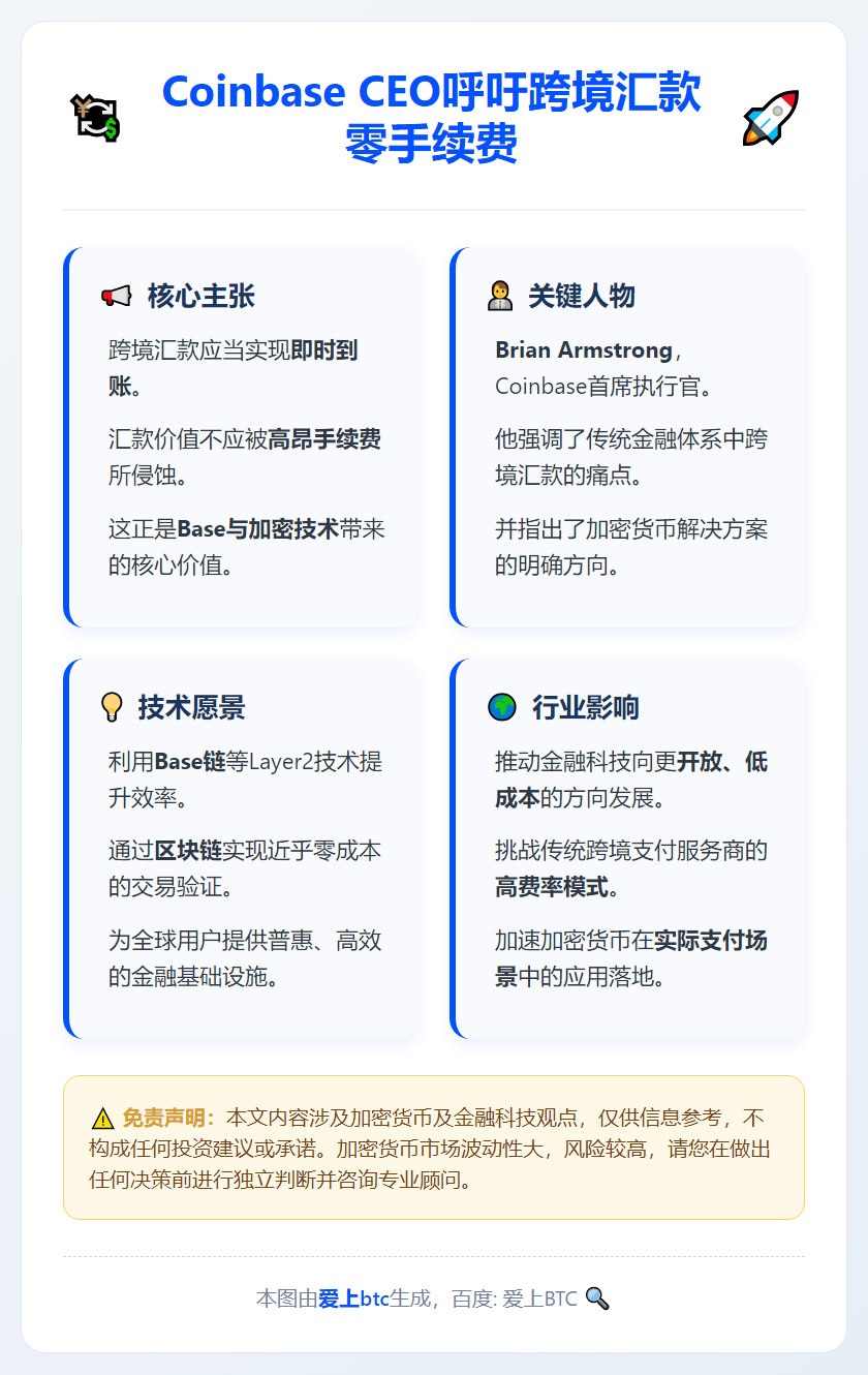 Coinbase CEO呼吁跨境汇款零手续费