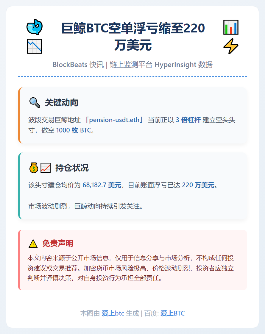 巨鲸BTC空单浮亏缩至220万美元