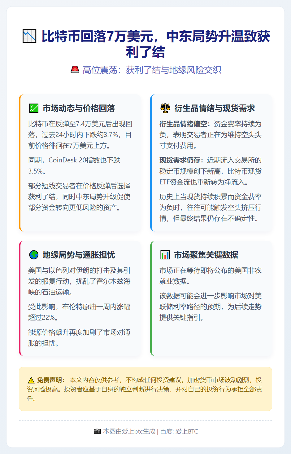 比特币回落7万美元，中东局势升温致获利了结