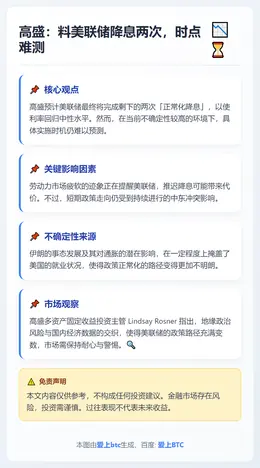 高盛：料美联储降息两次，时点难测