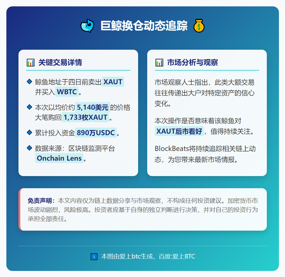 巨鲸换仓BTC后回购1733枚XAUT