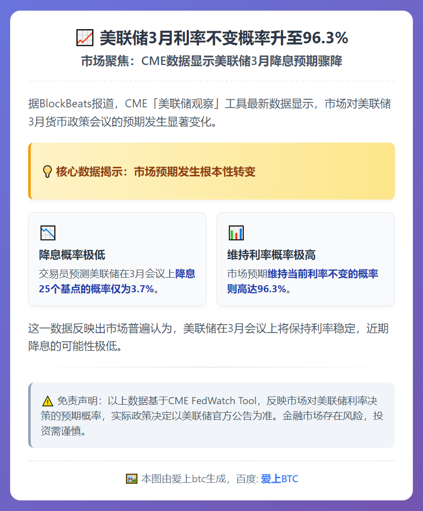 美联储3月利率不变概率升至96.3%