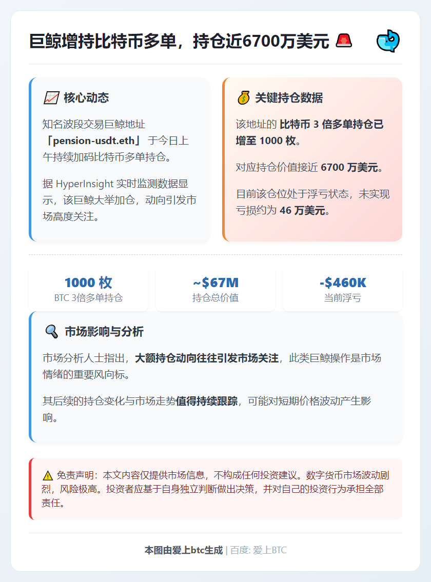 巨鲸增持比特币多单，持仓近6700万美元