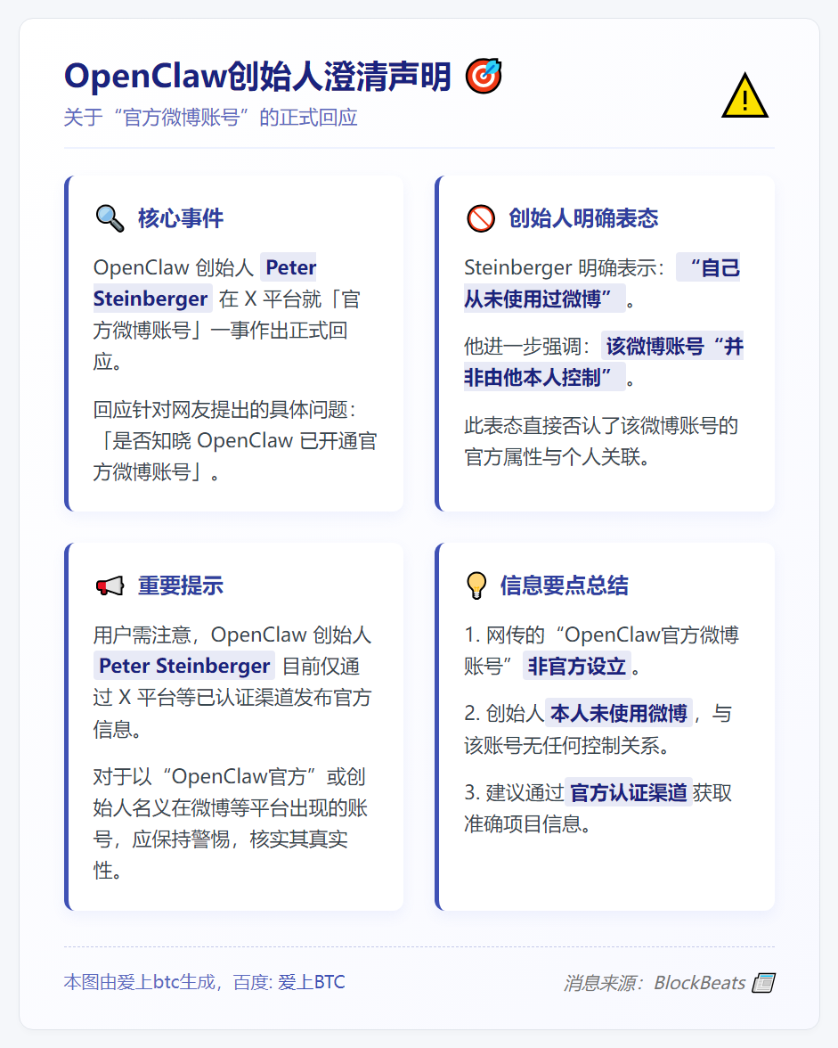 OpenClaw创始人澄清：微博账号非官方