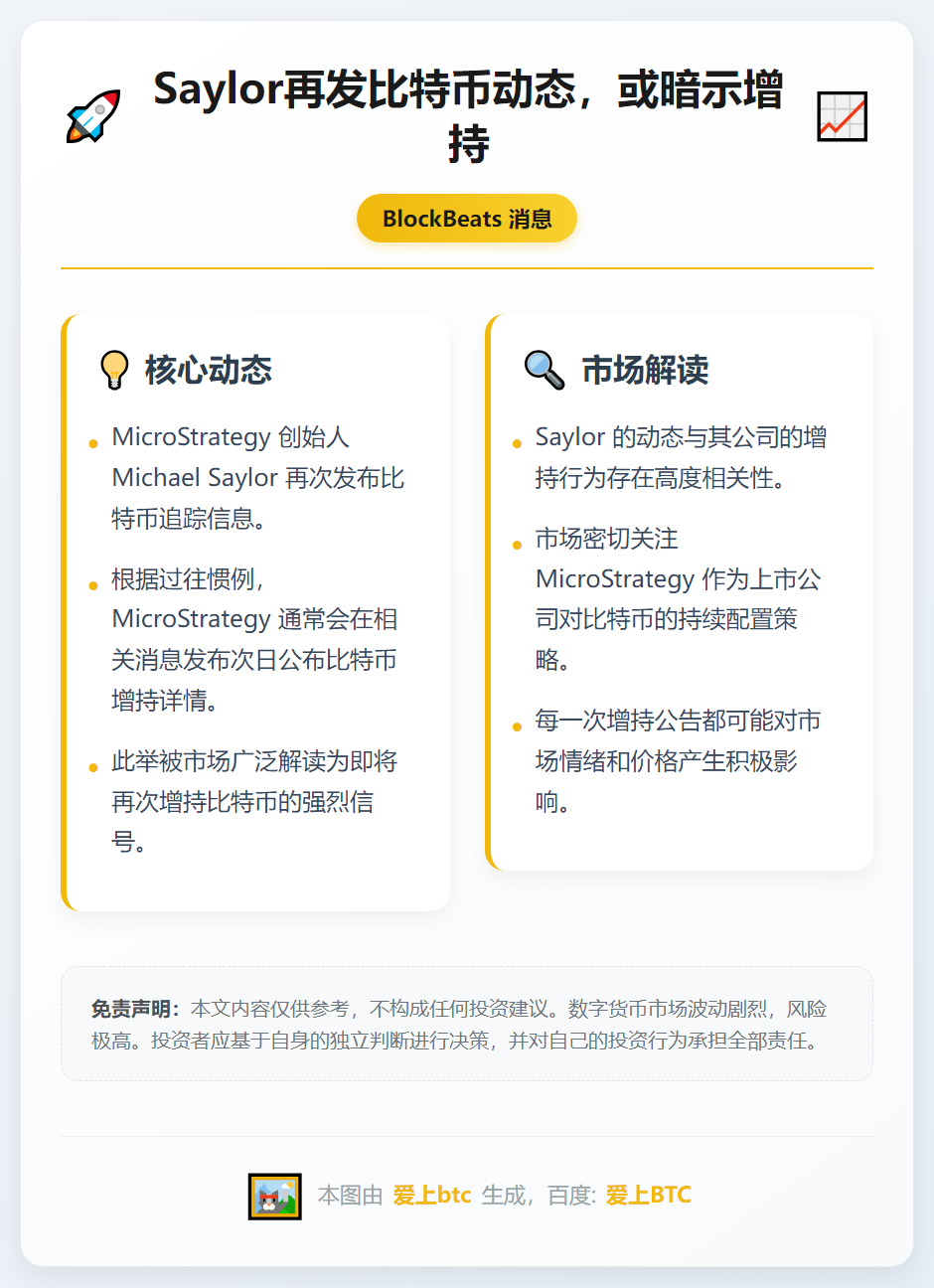 Saylor再发比特币动态，或暗示增持