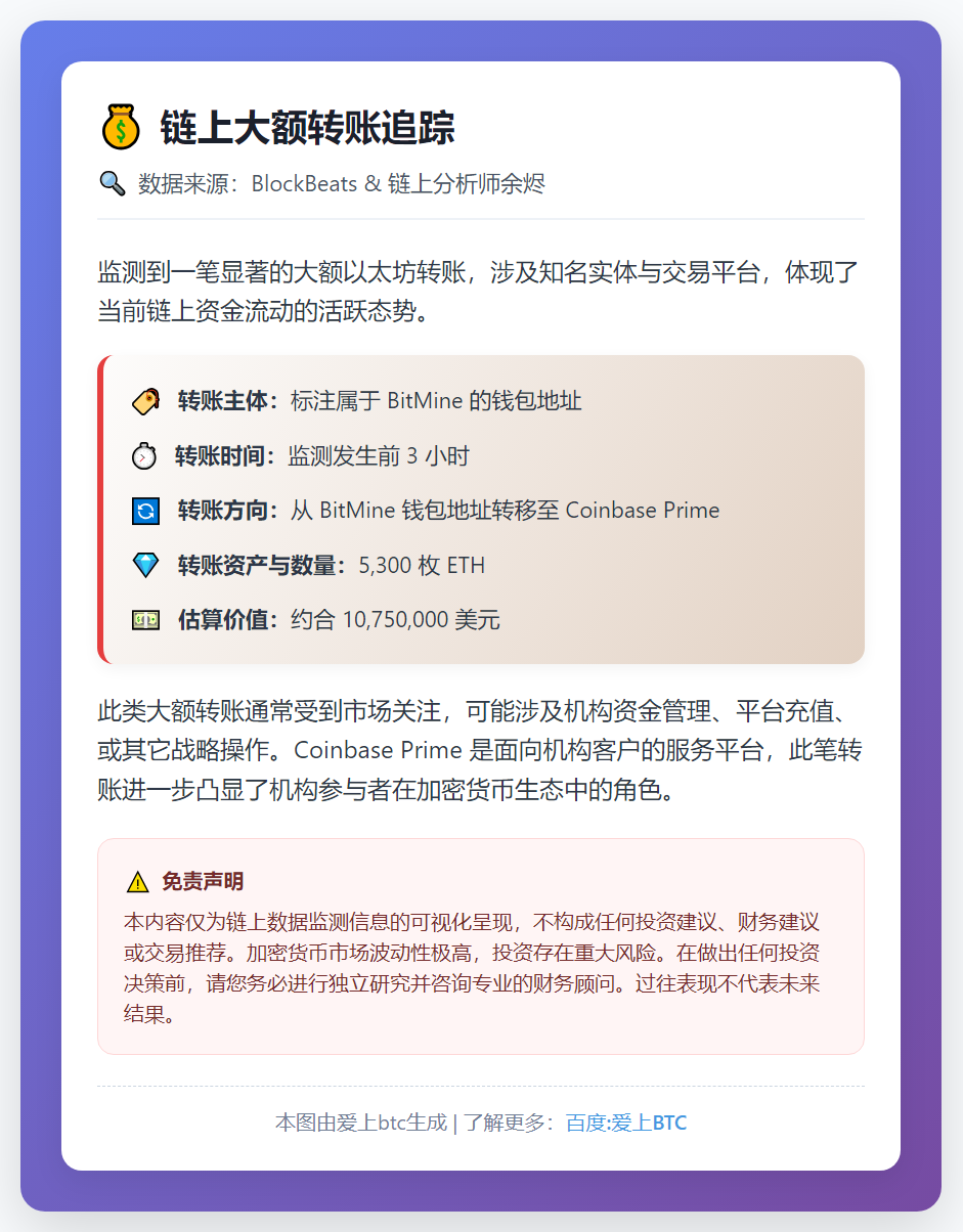BitMine钱包向Coinbase Prime转5300枚