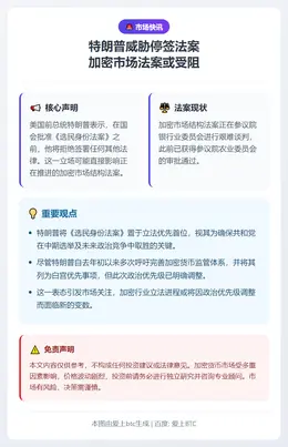 特朗普威胁停签法案 加密市场法案或受阻