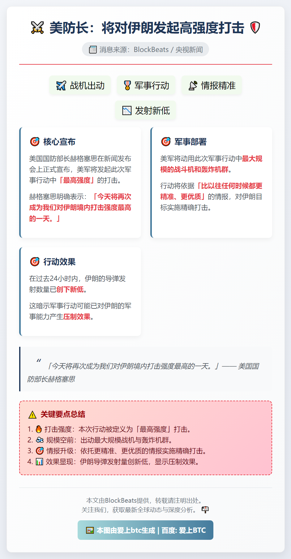 美防长：将对伊朗发起高强度打击