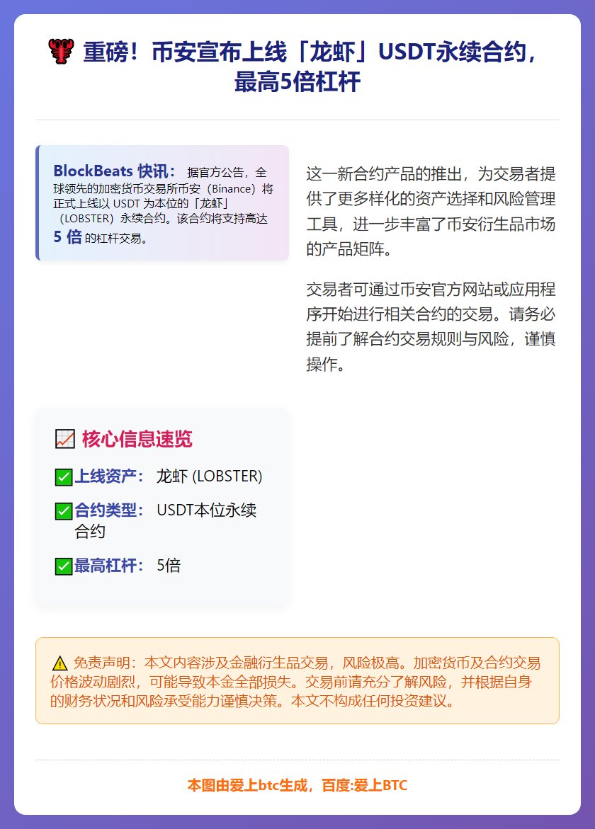 Binance上线龙虾USDT永续合约
