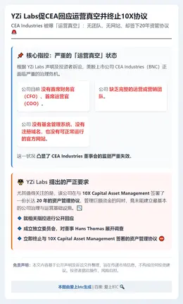 YZi Labs促CEA回应运营真空并终止10X协议