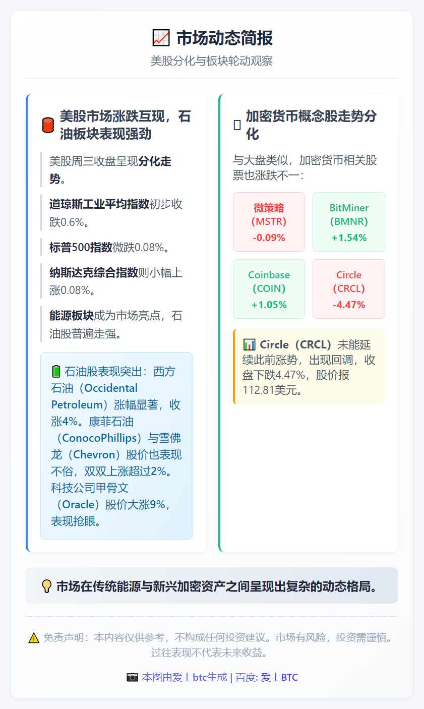美股分化石油股强，Circle回调