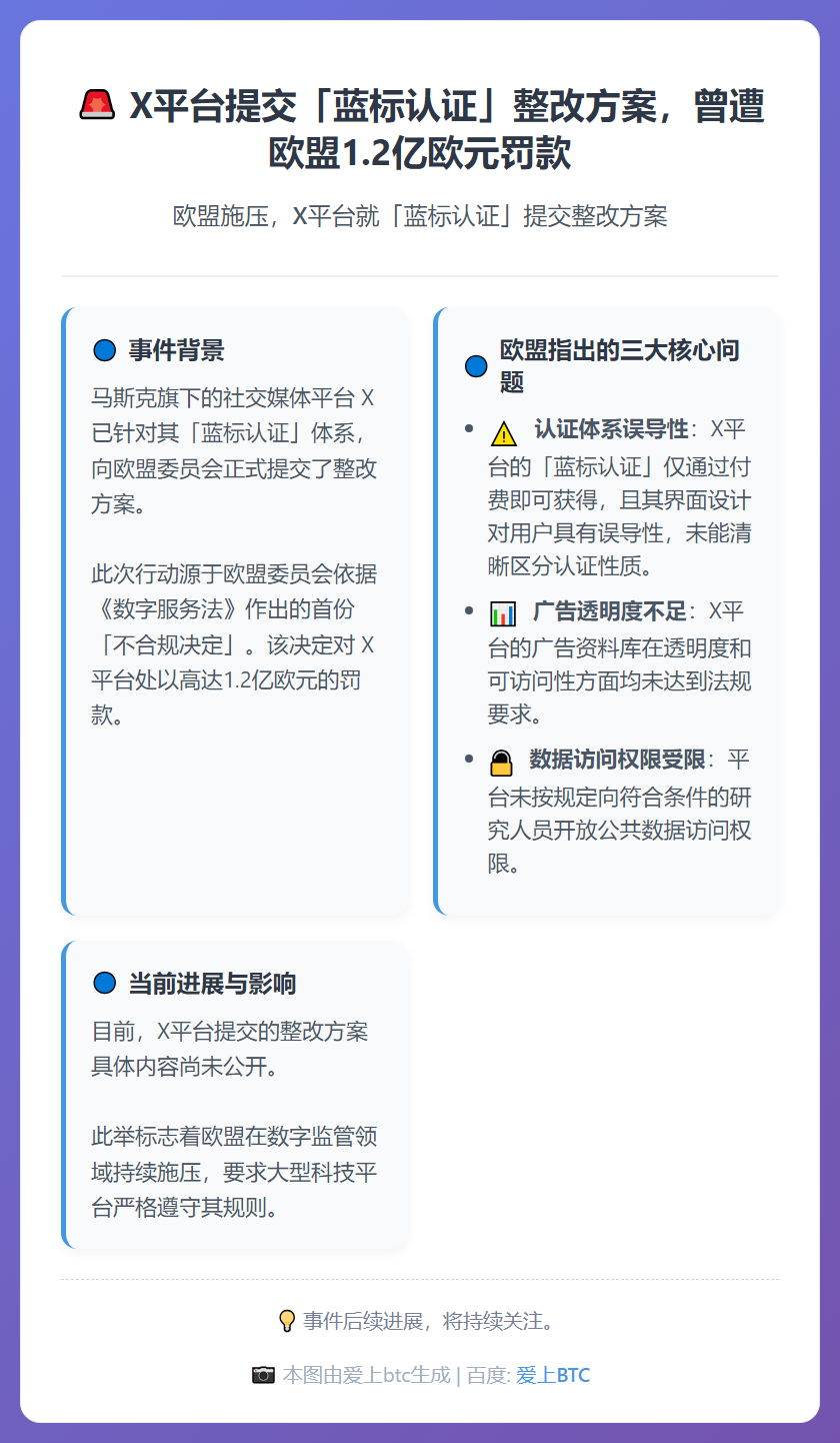 X平台提交「蓝标认证」整改方案，曾遭欧盟1.2亿欧元罚款
