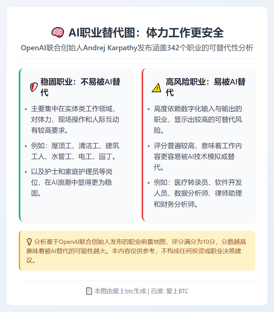 Karpathy发布AI职业替代图：体力工作更安全