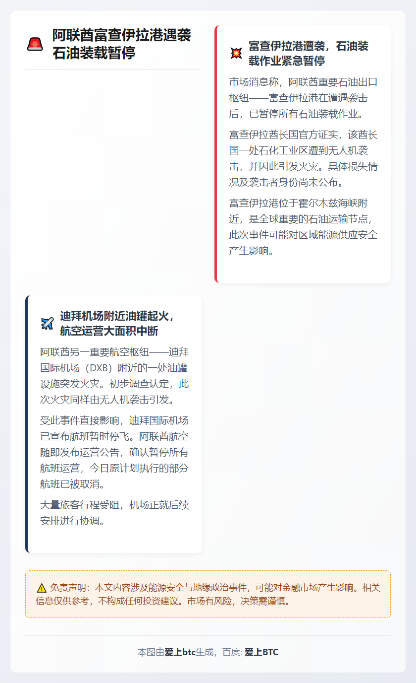 阿联酋富查伊拉港遇袭 石油装载暂停