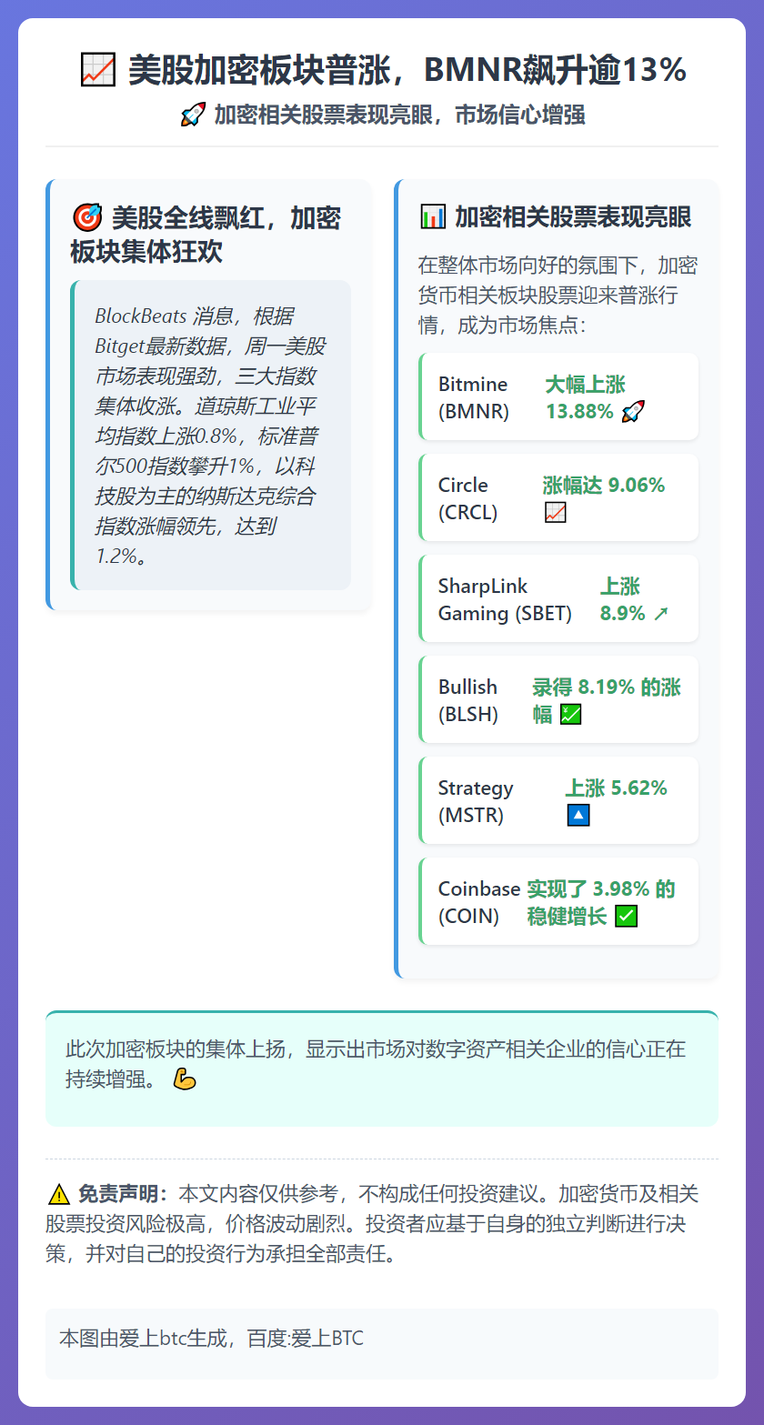 美股加密板块普涨，BMNR飙升逾13%